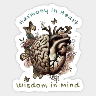 Harmony in Heart, Wisdom in Mind, Right balance between head and heart, roses and flowers and butterfies watercolor, vintage style Sticker